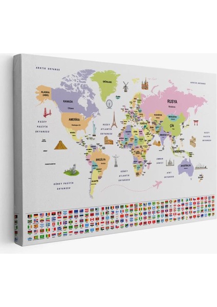 Türkçe Dünya Haritası Ülke Bayrak ve Başkentli Kanvas Tablo 1924