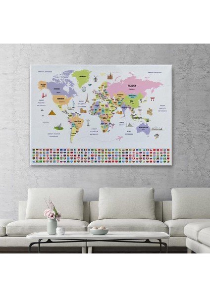 Türkçe Dünya Haritası Ülke Bayrak ve Başkentli Kanvas Tablo 1924 fiyatları