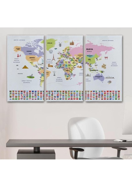 Türkçe Dünya Haritası Ülke Bayrak ve Başkentli Kanvas Tablo 1924 modelleri
