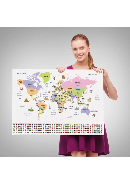 Türkçe Dünya Haritası Ülke Bayrak ve Başkentli Kanvas Tablo 1924 fırsatları