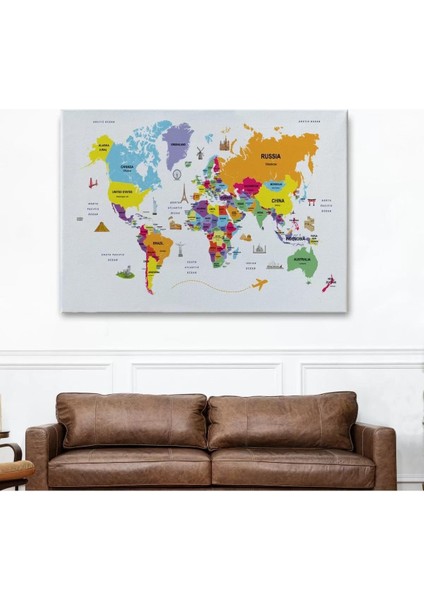 Dünya Haritası Dekoratif Kanvas Tablo Ülke ve Başkentli Öğretici ve Sembollü 2281 fiyatları
