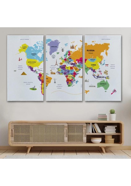Dünya Haritası Dekoratif Kanvas Tablo Ülke ve Başkentli Öğretici ve Sembollü 2281 modelleri