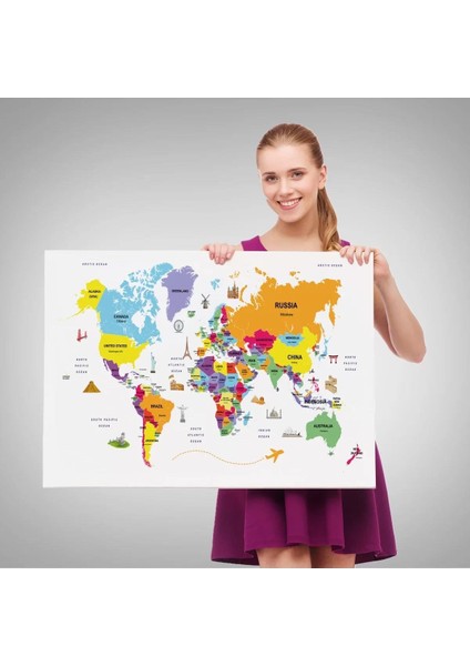 Dünya Haritası Dekoratif Kanvas Tablo Ülke ve Başkentli Öğretici ve Sembollü 2281 fırsatları