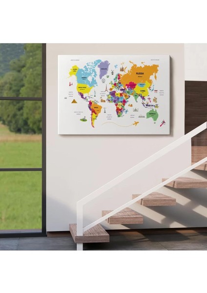 Dünya Haritası Dekoratif Kanvas Tablo Ülke ve Başkentli Öğretici ve Sembollü 2281 indirimleri