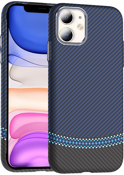 iPhone 11 Kılıf Magsafe Şarj Özellikli Karbon Fiber Görünümlü Hzrv Gros Kapak - Siyah-Lacivert