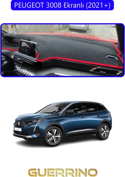Peugeot 3008 Ekranlı (2021+)TORPİDO Koruma Halısı Mavi Kenar