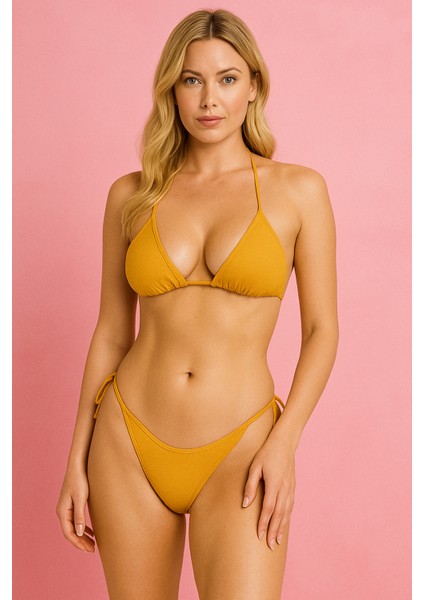Kadın Hardal Üçgen Bikini Takımı Ayarlanabilir Bağlamalı Üst ve Alt