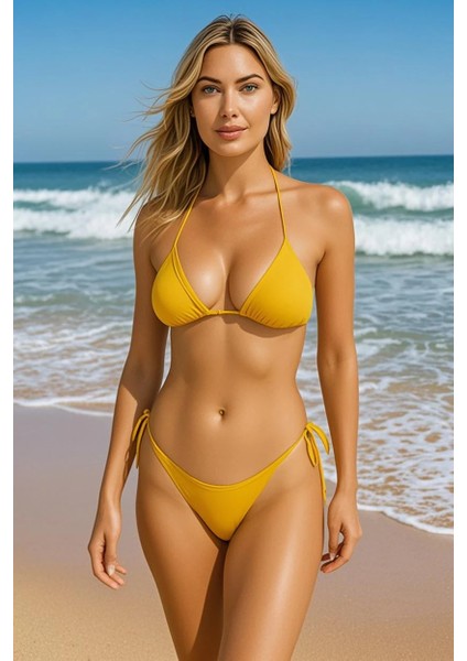 Kadın Hardal Üçgen Bikini Takımı Ayarlanabilir Bağlamalı Üst ve Alt