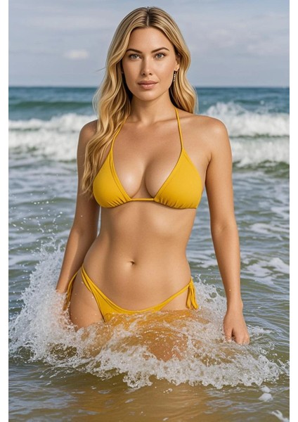 Kadın Hardal Üçgen Bikini Takımı Ayarlanabilir Bağlamalı Üst ve Alt