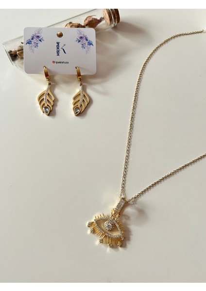 Gold Renk Göz Figürlü Zirkon Taşlı Çelik Kolye ve Sallantılı Halka Küpe Seti