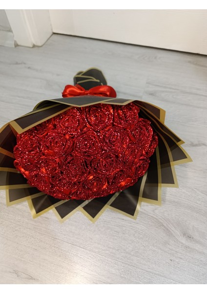 Solmayan 30 Adet Hediye Isteme Nişan Simli Glitterlı Parlak Gül Buketi