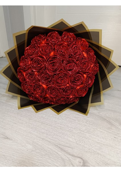 Solmayan 30 Adet Hediye Isteme Nişan Simli Glitterlı Parlak Gül Buketi