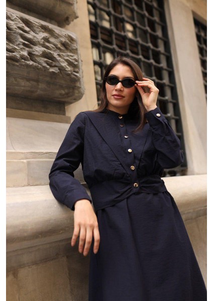 Kadın Beli Büzgülü Alice Jile Elbise ve Ceket Ikili Takım