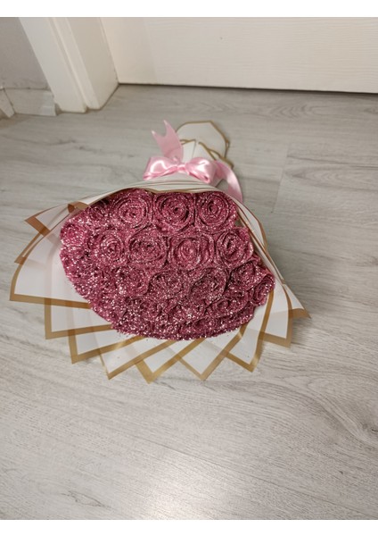 Solmayan 30 Adet Hediye Isteme Nişan Simli Glitterlı Parlak Gül Buketi