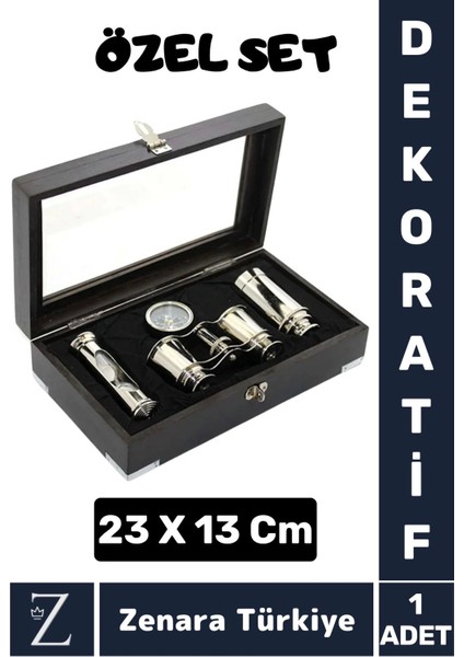Sevgili Özel Gün Koleksiyon Hediye Denizci Özel Kutulu Pirinç Pusula Dürbün Kum Saati Premium Set