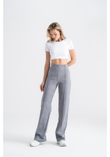 Kadın Boru Paça Tayt Gri Denim Görünümlü, Slim Fit Günlük Şıklık