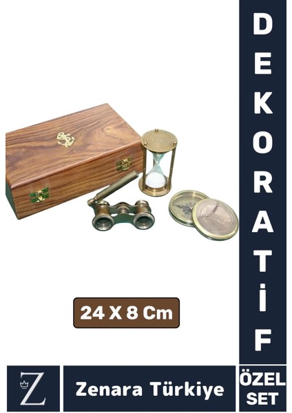 Sevgili Özel Denizci Koleksiyon Hediye Pirinç Pusula Kum Saati Dürbün Ahşap Kutulu Premium Set
