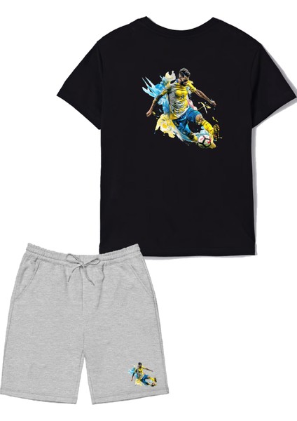 2'li Set Baskılı Erkek Çocuk Pamuk Şort Tshirt Takım Futbol 5 6 7 8 9 10 11 12 13 14 Yaş Tişört