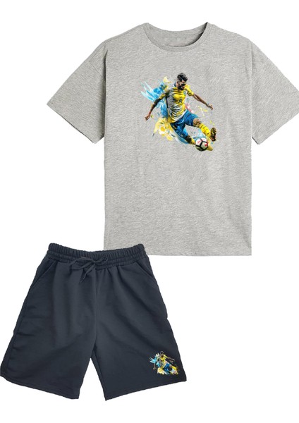 2'li Set Baskılı Erkek Çocuk Pamuk Şort Tshirt Takım Futbol 5 6 7 8 9 10 11 12 13 14 Yaş Tişört