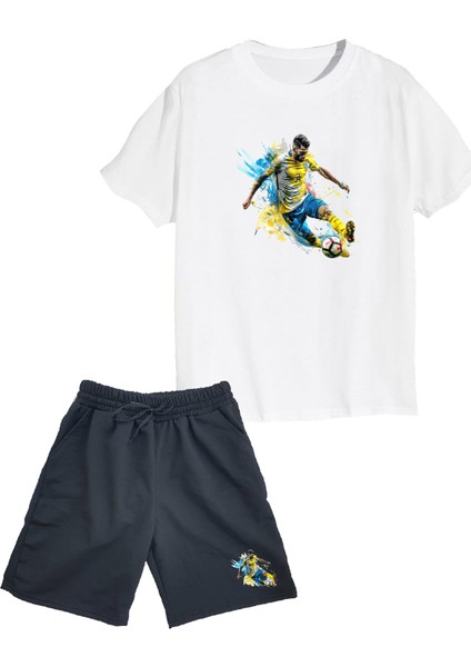 2'li Set Baskılı Erkek Çocuk Pamuk Şort Tshirt Takım Futbol 5 6 7 8 9 10 11 12 13 14 Yaş Tişört