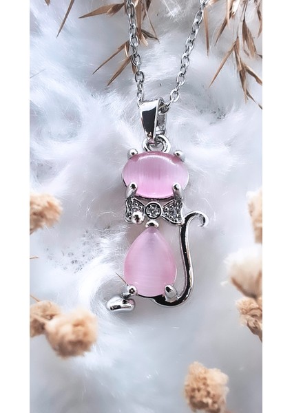 Pembe Opal Taşlı Kedi Figür Çelik Kolye