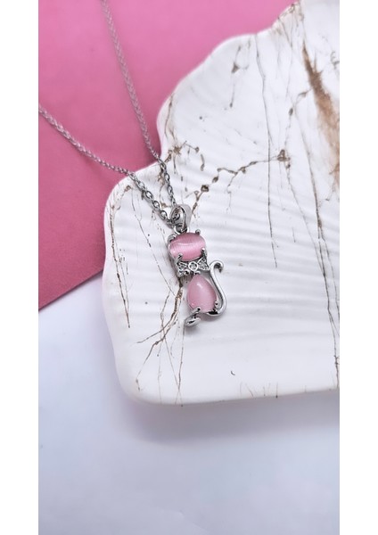 Pembe Opal Taşlı Kedi Figür Çelik Kolye indirimleri