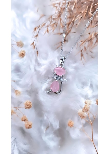 Pembe Opal Taşlı Kedi Figür Çelik Kolye fırsatları