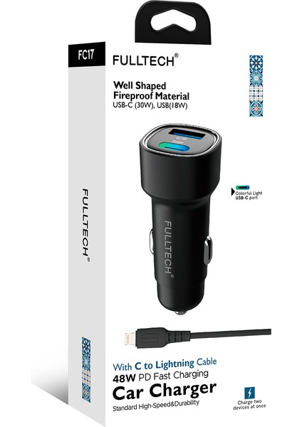 FC17 48W Hızlı Şarjlı Araç Şarj Cihazı | Usb-C & USB Çift Giriş | C To Lightning Kablo Dahil | Renkli Işıklı Port | 30W Pd + 18W Qc