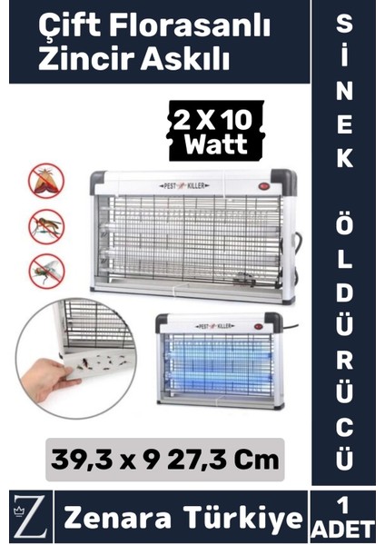 Premium Güçlendirilmiş Uv Çift Florasanlı Zincir Askılı 20 Watt Sinek Kara Sinek Sivrisinek Öldürücü