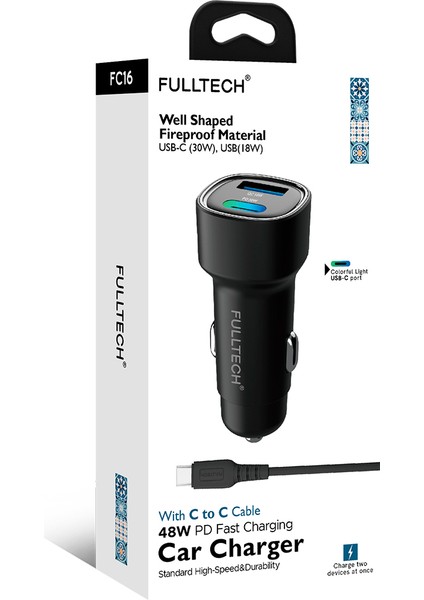 FC16 48W Hızlı Şarjlı Araç Şarj Cihazı | Usb-C & USB Çift Giriş | C To C Kablo Dahil | Renkli Işıklı Port | 30W Pd + 18W Qc