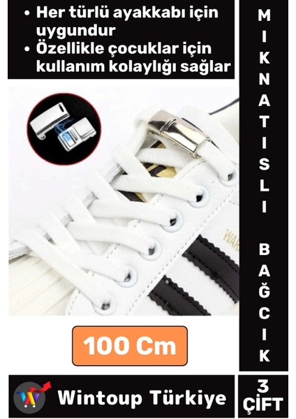 Çocuk Genç Yetişkin Şık Klipsli Manyetik Lastikli Pratik Mıknatıslı Ayakkabı Bağcığı 100 cm 3 Çift