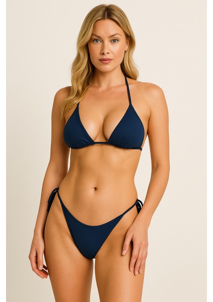 Kadın Lacivert Üçgen Bikini Takımı Ayarlanabilir Bağlamalı Üst ve Alt