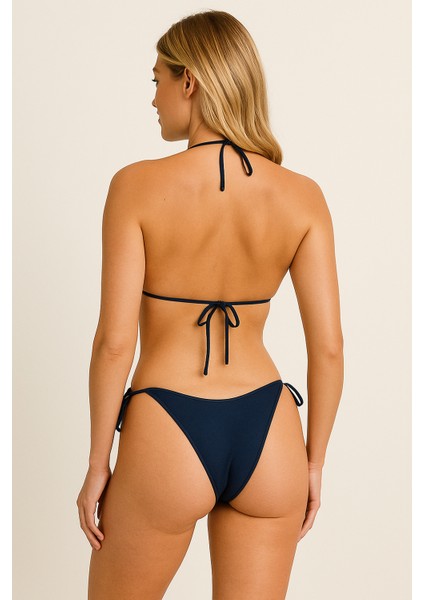 Kadın Lacivert Üçgen Bikini Takımı Ayarlanabilir Bağlamalı Üst ve Alt