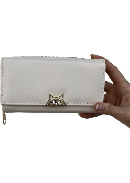 Kadın Cüzdan Ekru Gold Kedi Detaylı