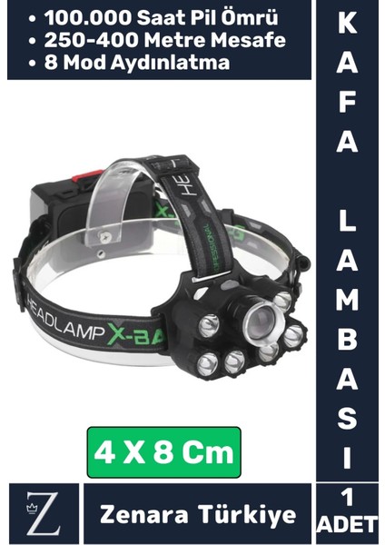 Premium Kamp Avcı Balıkçı Deprem Yüksek Mesafeli 250-400 Metre Net Işık 8 Mod Güçlü Kafa Lambası