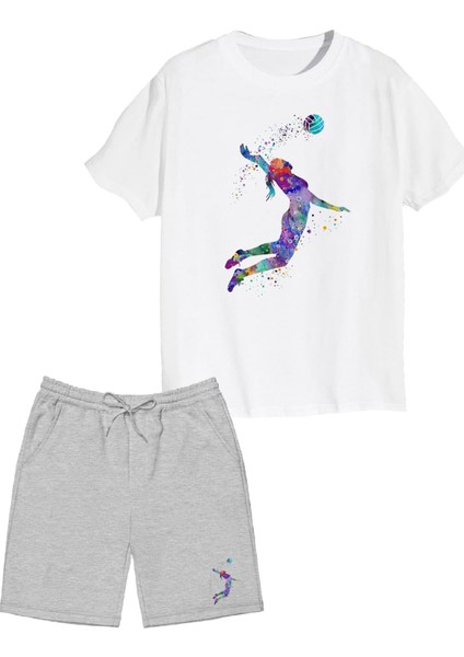 2'li Set Baskılı Kız Çocuk Pamuk Şort Tshirt Takım Voleybol 5 6 7 8 9 10 11 12 13 14 Yaş Tişört