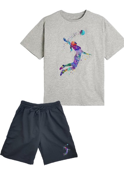 2'li Set Baskılı Kız Çocuk Pamuk Şort Tshirt Takım Voleybol 5 6 7 8 9 10 11 12 13 14 Yaş Tişört