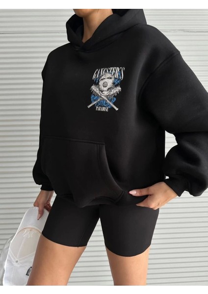 3 Iplik Şardonlu Oversize Compact Kafa Baskılı Sweat Siyah