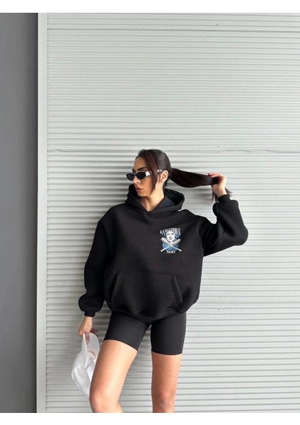 3 Iplik Şardonlu Oversize Compact Kafa Baskılı Sweat Siyah