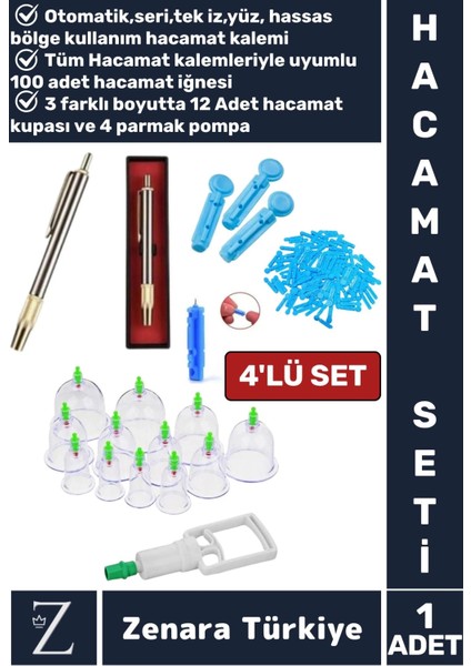 Otomatik Seri Hacamat Kalemi 100 Adet Iğne 12 Adet Kupa 4 Parmak Pompa 4'lü Premium Hacamat Seti