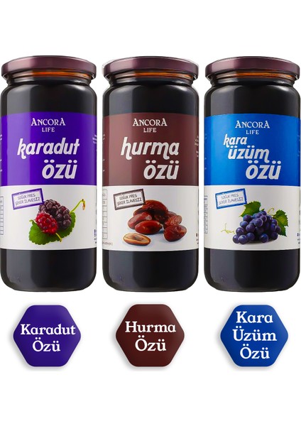 3'lü Fırsat Paketi - Karadut Özü, Hurma Özü, Kara Üzüm Özü - Şeker İlavesiz Soğuk Sıkım