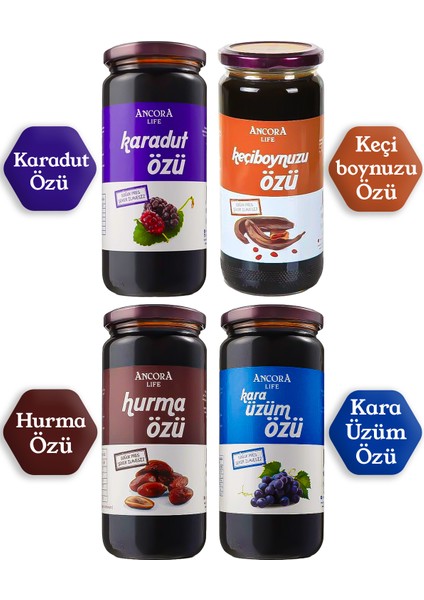 4'lü Ekonomi Paketi-Karadut Özü/hurma Özü/kara Üzüm Özü/keçiboynuzu Özü-Şeker İlavesiz Soğuk Sıkım