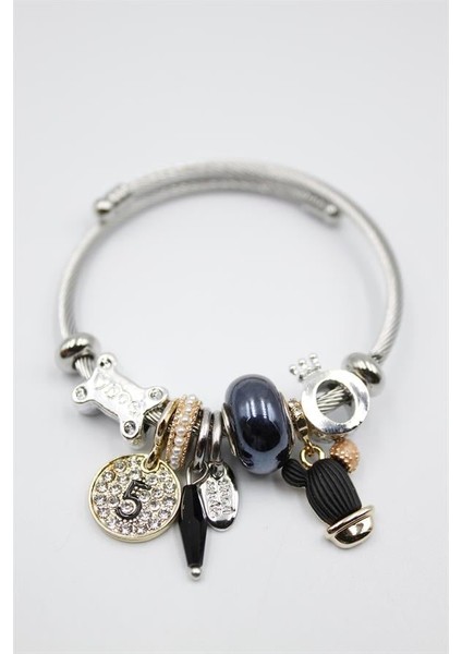 Çelik Charmlı Kaktüs Bilezik - Siyah