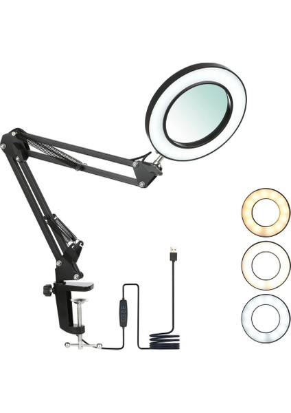 SR5X LED Işıklı Masa Büyüteci | 5x Büyütme, 72 Led, Katlanabilir Kol, 3 Işık Modu & 10 Kademe Parlaklık Ayarı