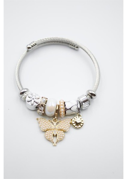 Çelik Charmlı Kelebek Bileklik - Beyaz
