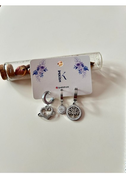 Zirkon Taşlı Kuş Figürlü Silver Renk Paslanmaz Çelik Kolye, Ayarlanabilir Silver Bileklik ve Zirkon Taşlı 3’lü Silver Çelik Küpe Seti