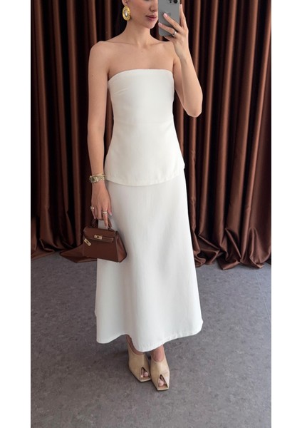 Iki Parça Görünümlü Straplez Beyaz Elbise modelleri