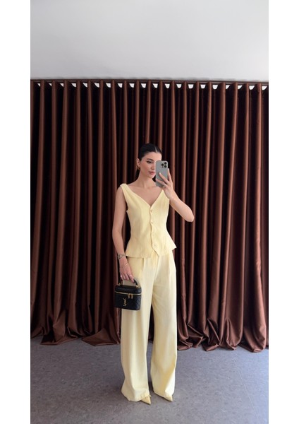 Sarı Keten Yelek-Pantolon Takım