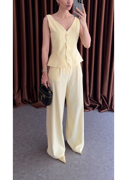 Sarı Keten Yelek-Pantolon Takım indirimleri