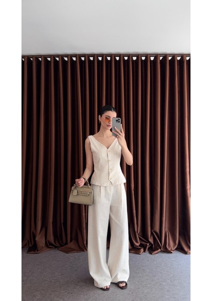 Taş Keten Yelek-Pantolon Takım